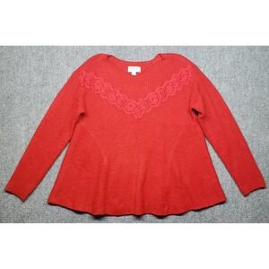 Elle Sweater Womens L Red Floral Round Neck Long Sleeve Pullover Tight Knit